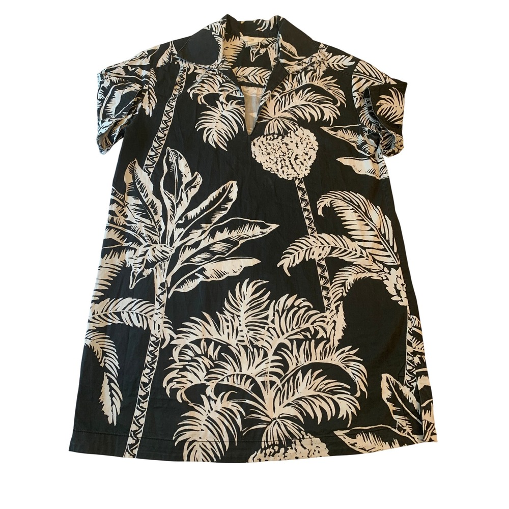 HM Women Black White Tropical Palm Pineapple Print V-Neck Cotton Tunic Dress M